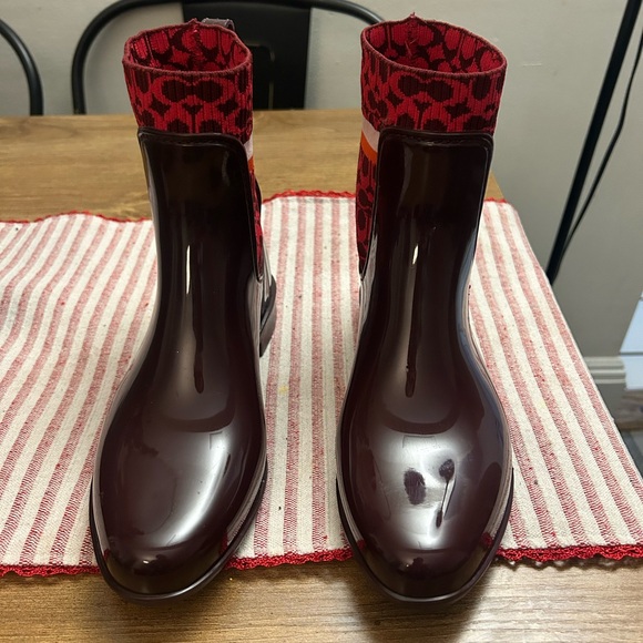 Coach Rivington Rain Boots Women 8 Bitter Chocolate Brown Red Rubber Bootie Logo - Picture 2 of 5